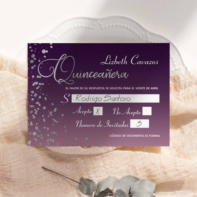 Invitation Vin mauve mauve Argent Confetti Quinceanera RSVP (Créateur téléchargé)