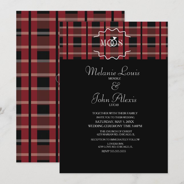 Invitation Vin moderne Flannel Tartan Plaid Ring Logo Mariage (Devant / Derrière)