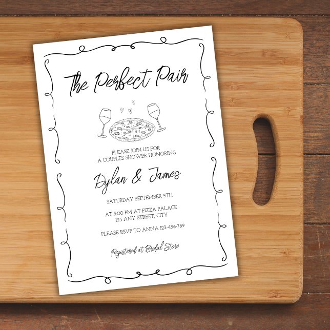Invitation Vin & Pizza Couples à la main parfaits (Wine & Pizza Perfect Pair Hand Drawn Couples Invitation)