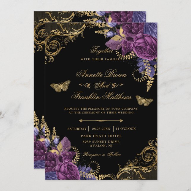 Invitation Vin pourpre Floral Antique Ornate Mariage or (Devant / Derrière)