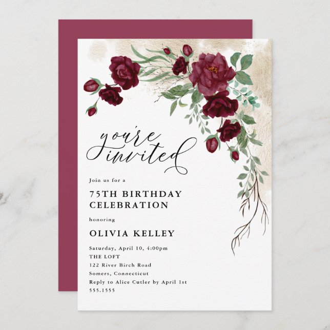 Invitation Vin Rose Bourgogne, fête d'anniversaire florale (Devant / Derrière)