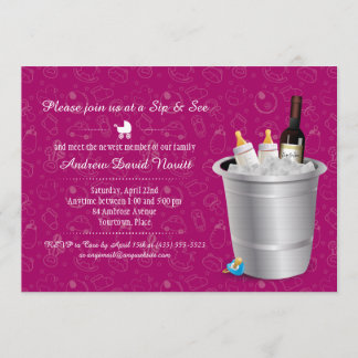 Invitation Vin rose et Bouteilles bébé Siroter et voir Baby s