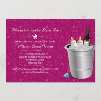 Invitation Vin rose et Bouteilles bébé Siroter et voir Baby s