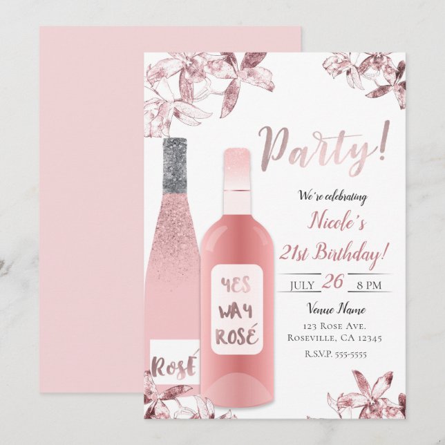 Invitation Vin rosé et fleurs d'orchidée Fête de célébration (Devant / Derrière)