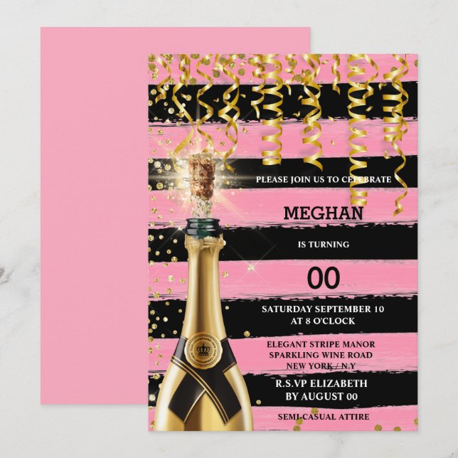 Invitation Vin rose noir mousseux élégante rayures parties sc (Devant / Derrière)