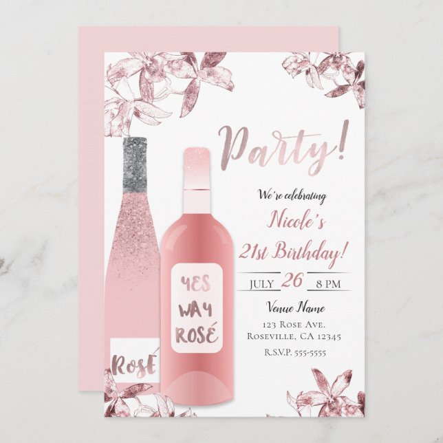 Invitation Vin Rosé Pink & Fleurs d'Orchidée Fête de Célébrat (Devant / Derrière)