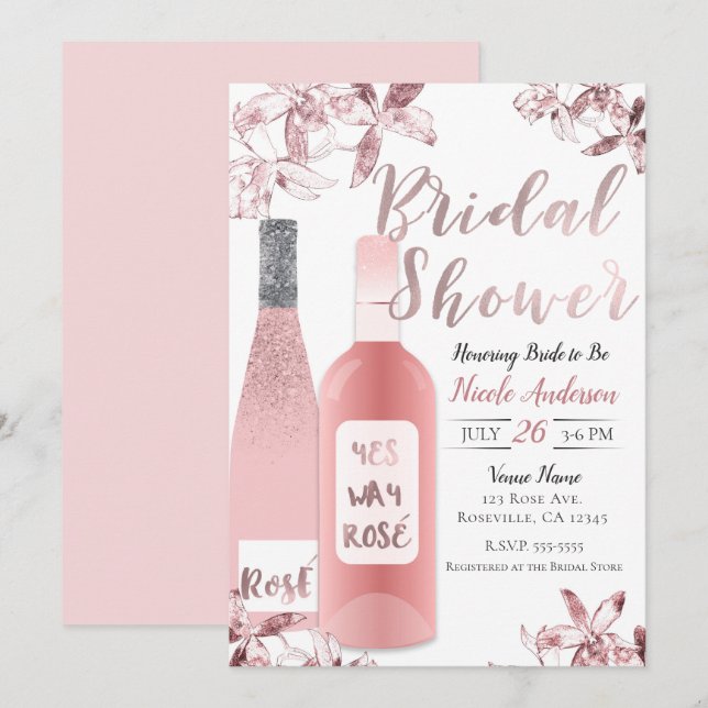 Invitation Vin Rosé Rose et Fleurs d'Orchidée : Baby Shower d (Devant / Derrière)