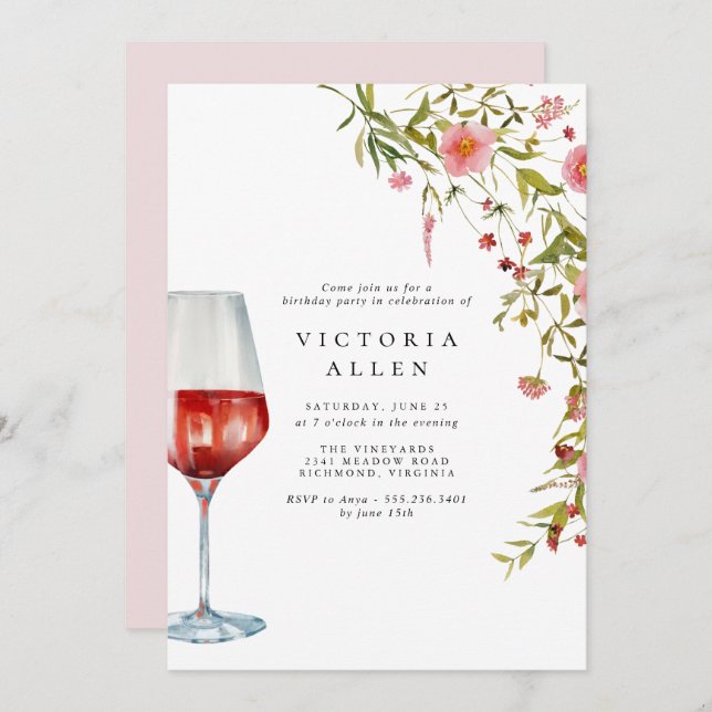 Invitation Vin rouge | Anniversaire féminin rose élégant (Devant / Derrière)