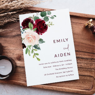 Invitation Vin rouge Bourgogne et Mariage floral