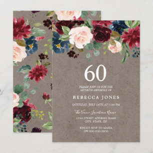 Invitation Vin rouge Bourgogne Floral 60e fête d'anniversaire
