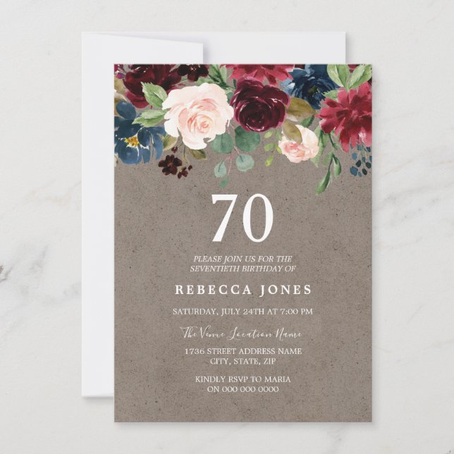 Invitation Vin rouge Bourgogne Floral 70e fête d'anniversaire (Devant)