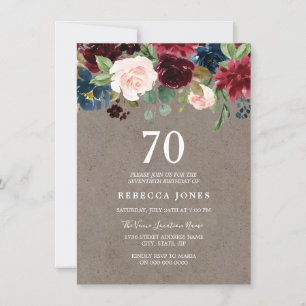 Invitation Vin rouge Bourgogne Floral 70e fête d'anniversaire