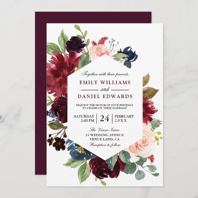 Invitation Vin Rouge Bourgogne Floral Frame Mariage Invitatio (Devant / Derrière)