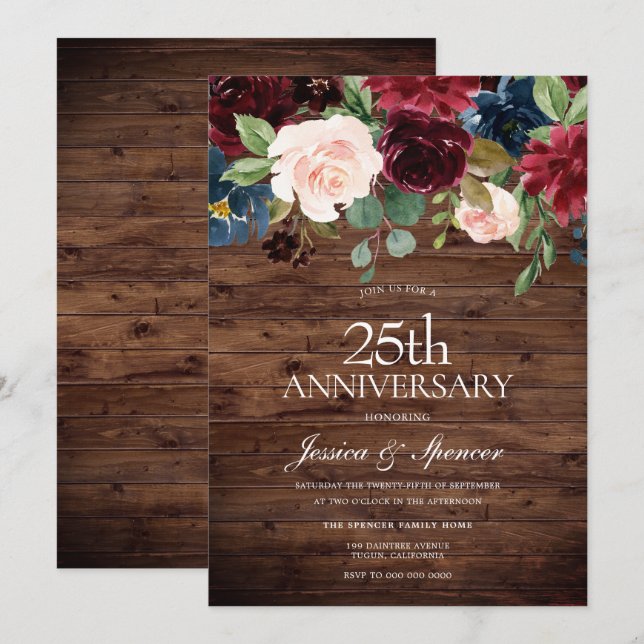 Invitation Vin rouge de Bourgogne rustique pour 25e anniversa (Devant / Derrière)