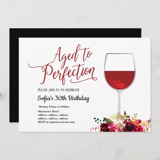 Invitation vin rouge, floral, vieilli à la perfection, annive (Devant / Derrière)