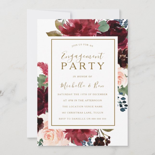 Invitation Vin rouge Gold Floral Aquarelle Party (Devant)