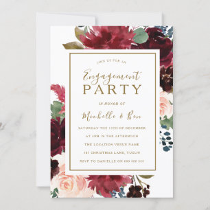Invitation Vin rouge Gold Floral Aquarelle Party