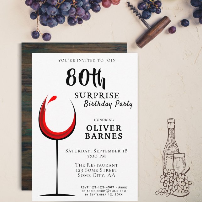 Invitation Vin rouge moderne 80e anniversaire Surprise Party (Créateur téléchargé)