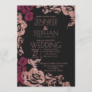 Invitation Vin Rouge Noir Rose Or Parties scintillant Floral 