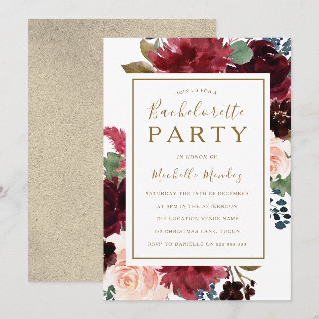 Invitation Vin Rouge or Floral Aquarelle Bachelorette Party (Devant / Derrière)