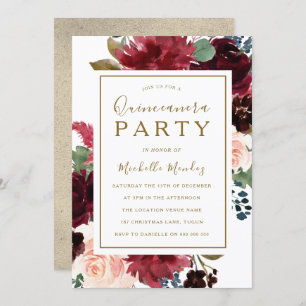 Invitation Vin rouge or Floral Aquarelle Quinceanera Party