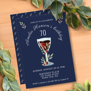 Invitation Vin rouge Rose Aquarelle marine bleu 70e anniversa