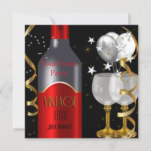 Invitation Vin rouge vintage noir or argenté 2 verres