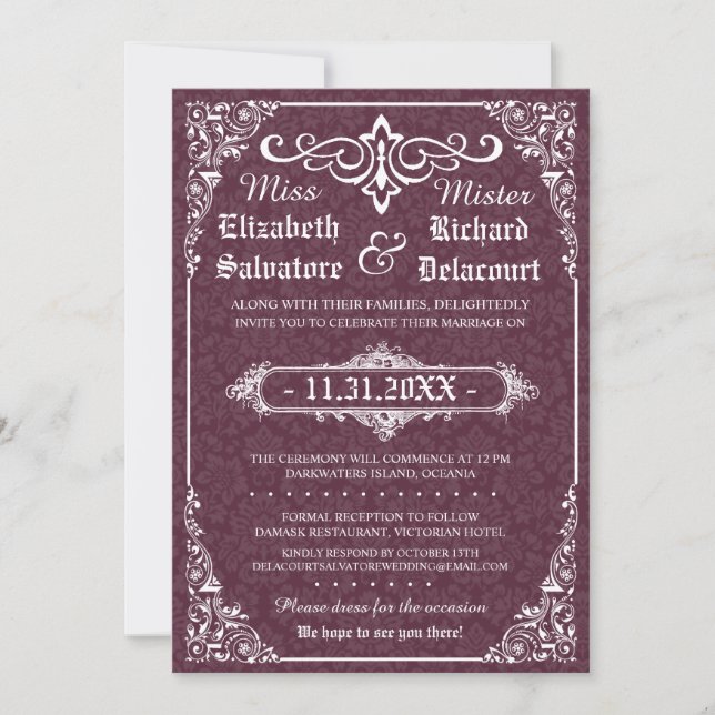Invitation Vin sombre gothique victorien Mariage damassé Invi (Devant)