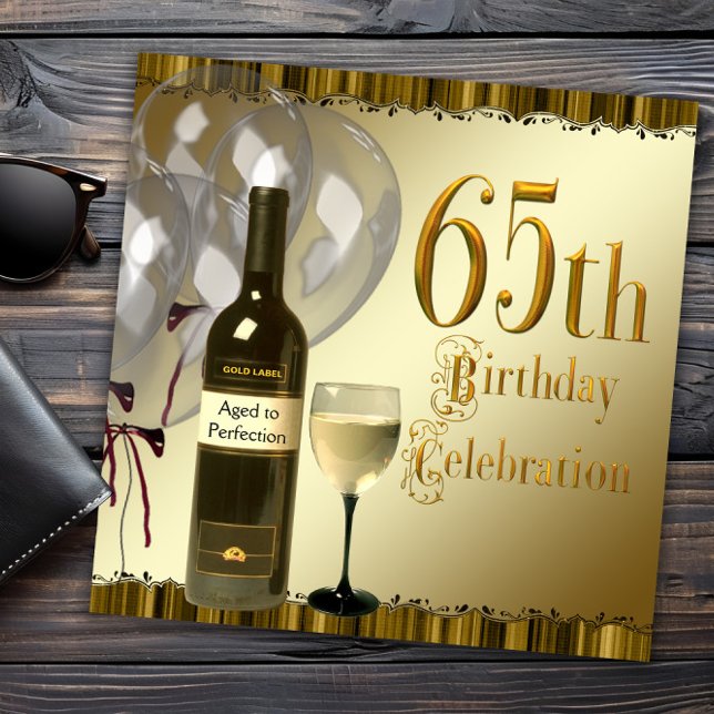 Invitation Vin Verre Bouteille Black Gold 65e fête d'annivers (Black and gold 65th birthday invitation. Need a different number? Send us a message.)