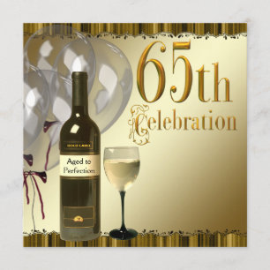 Invitation Vin Verre Bouteille Or 65e fête d'anniversaire