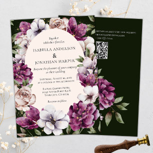 Invitation Vin vert foncé Florales violettes QR Code Mariage