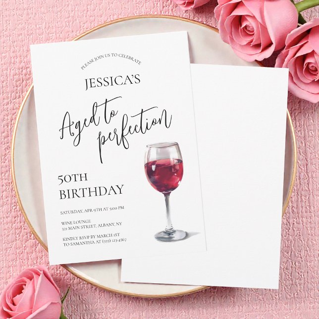 Invitation Vin vieilli à la perfection 50 ans fête d'annivers (Aged to Perfection Script Wine 50th Birthday Party Invitation)