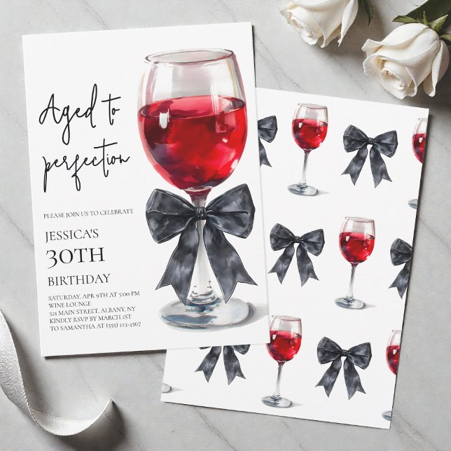 Invitation Vin vieilli à la perfection Bow 30e anniversaire (Aged to Perfection Wine Bow 30th Birthday Party Invitation)