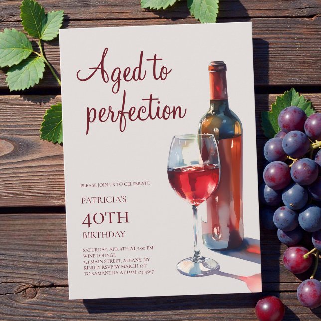 Invitation Vin vieilli à la perfection Fête d'anniversaire ad (Aged to Perfection Wine Adult 40th Birthday Party Invitation)