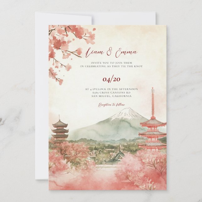Invitation Vinatge Aquarelle Japonaise Mariage Paysage (Devant)