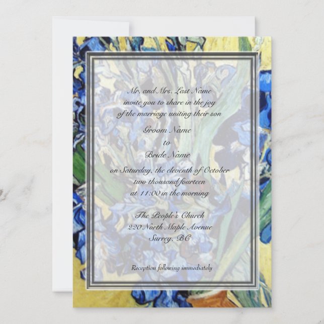 Invitation Vincent van Gogh, iris bleus en arrière - plan jau (Devant)