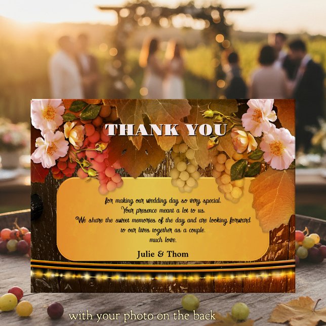 Invitation Vineyard or Winery Wedding Thank You Photo Card (Wedding Thank You card featuring grapes, peach colored roses and string lights on a wine barrel)