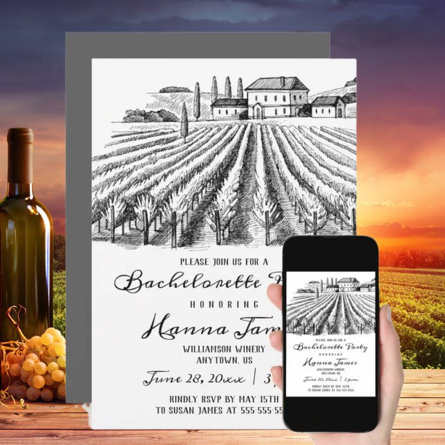 Invitation Vineyard Winery Rustic Sketch Bachelorette Party (Créateur téléchargé)