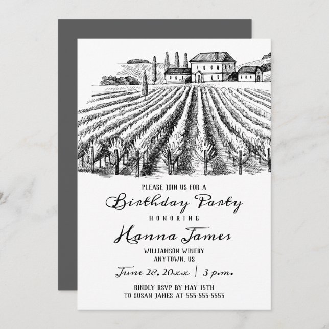 Invitation Vineyard Winery Rustic Sketch fête d'anniversaire (Devant / Derrière)