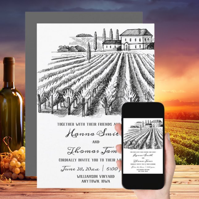 Invitation Vineyard Winery Rustic Sketch Mariage (Créateur téléchargé)
