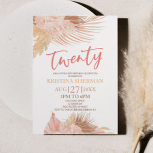 Invitation Vingt Boho rose florale Fleur 20e anniversaire fêt