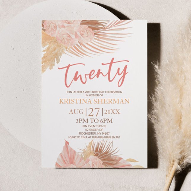 Invitation Vingt Boho rose florale Fleur 20e anniversaire fêt (Créateur téléchargé)