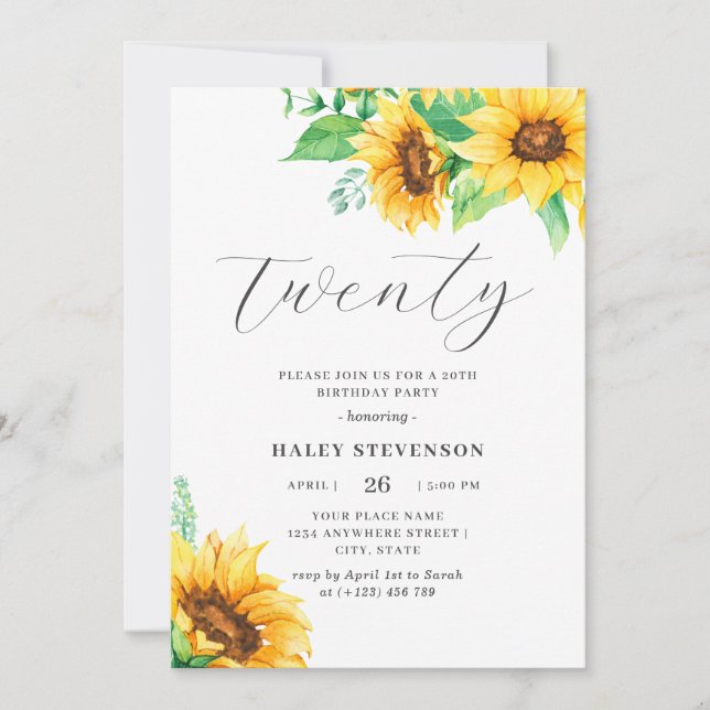 Invitation Vingt chic tournesol jaune floral 20e anniversaire (Devant)