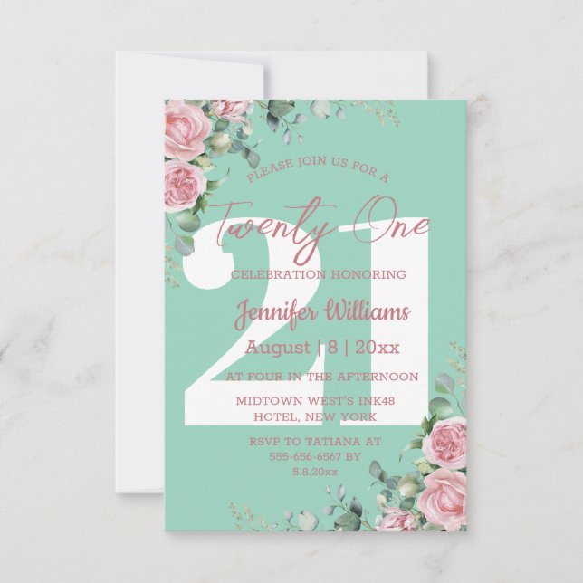 Invitation vingt et un 21e anniversaire rose vert floral mode (Devant)