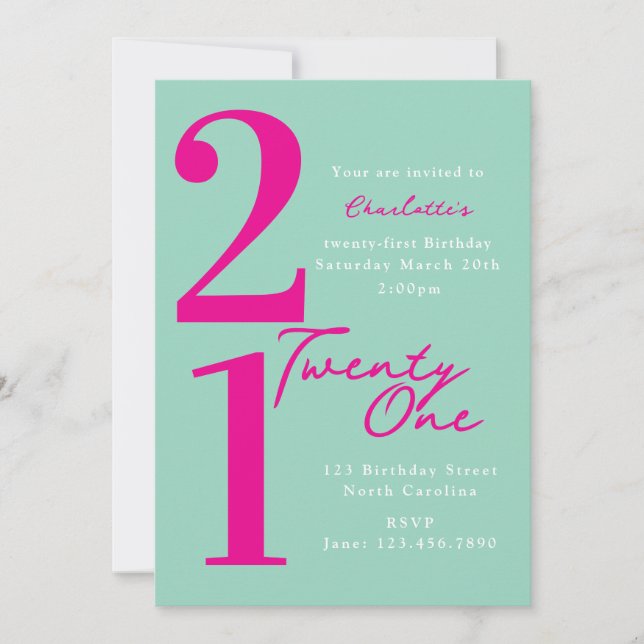 Invitation Vingt et un 21e Anniversaire Rose Vert Moderne (Devant)