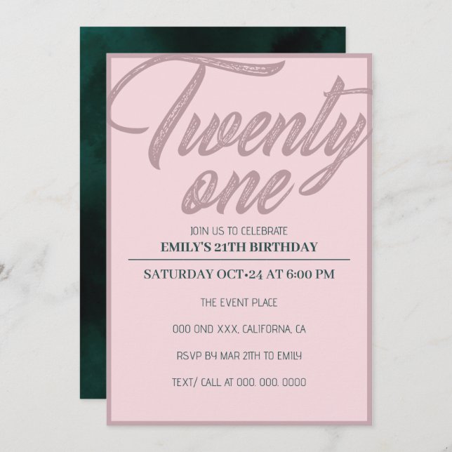 Invitation Vingt et un | Rose Gold Pink 21e fête d'anniversai (Devant / Derrière)