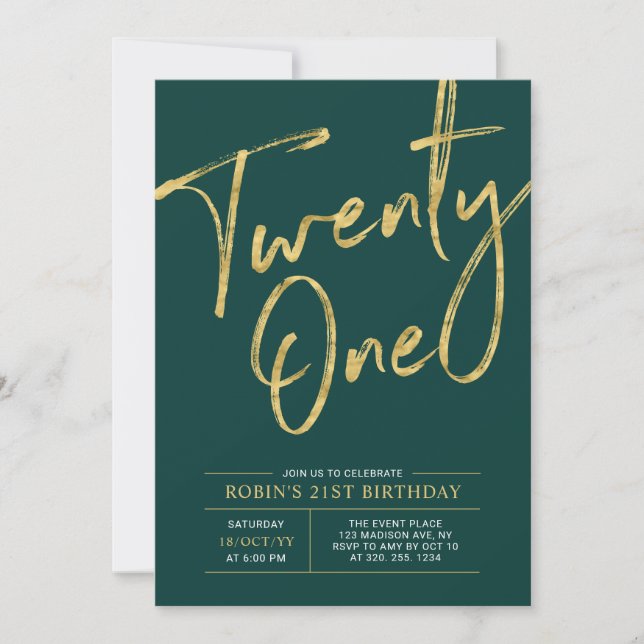 Invitation Vingt et un | Vert & Or Chic 21ème Anniversaire (Devant)
