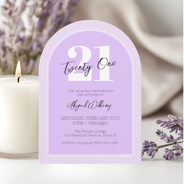 Invitation Vingt et un violet arc élégante 21e fête d'anniver (Twenty One Purple Arch Elegant 21st Birthday Party Invitation)