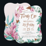 Invitation Vingt et une aquarelle florale 21e anniversaire fê<br><div class="desc">Classy romantique 21e anniversaire chic invitation modèle sur un blanc clair (modifiable) arrière - plan avec fleurs de magnolia rose rousse avec vert sauge et bleu menthe eucalyptus feuillage et parties scintillant feuille et cuivre script de typographie whimsical. Personnalisez-le avec vos détails ! L'invitation est adaptée pour des fêtes d'anniversaire...</div>