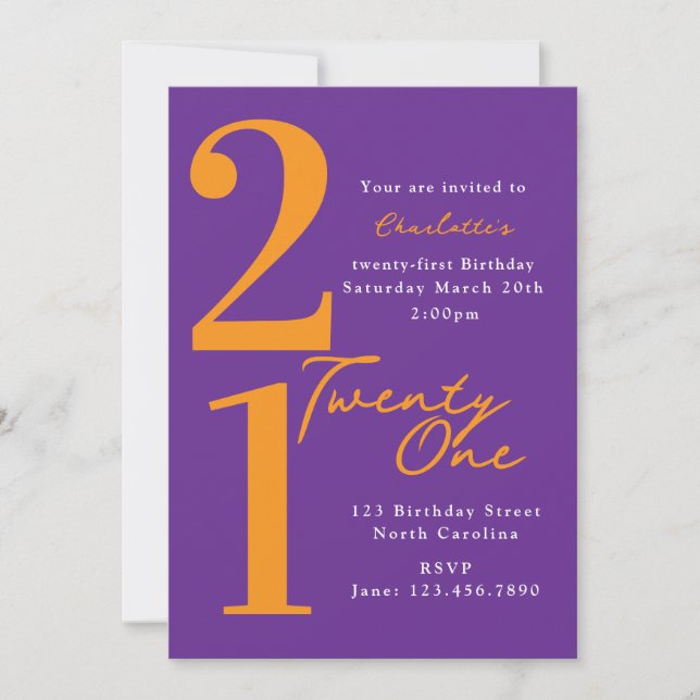 Invitation Vingt et unième 21e Anniversaire Moderne Violet Or (Devant)